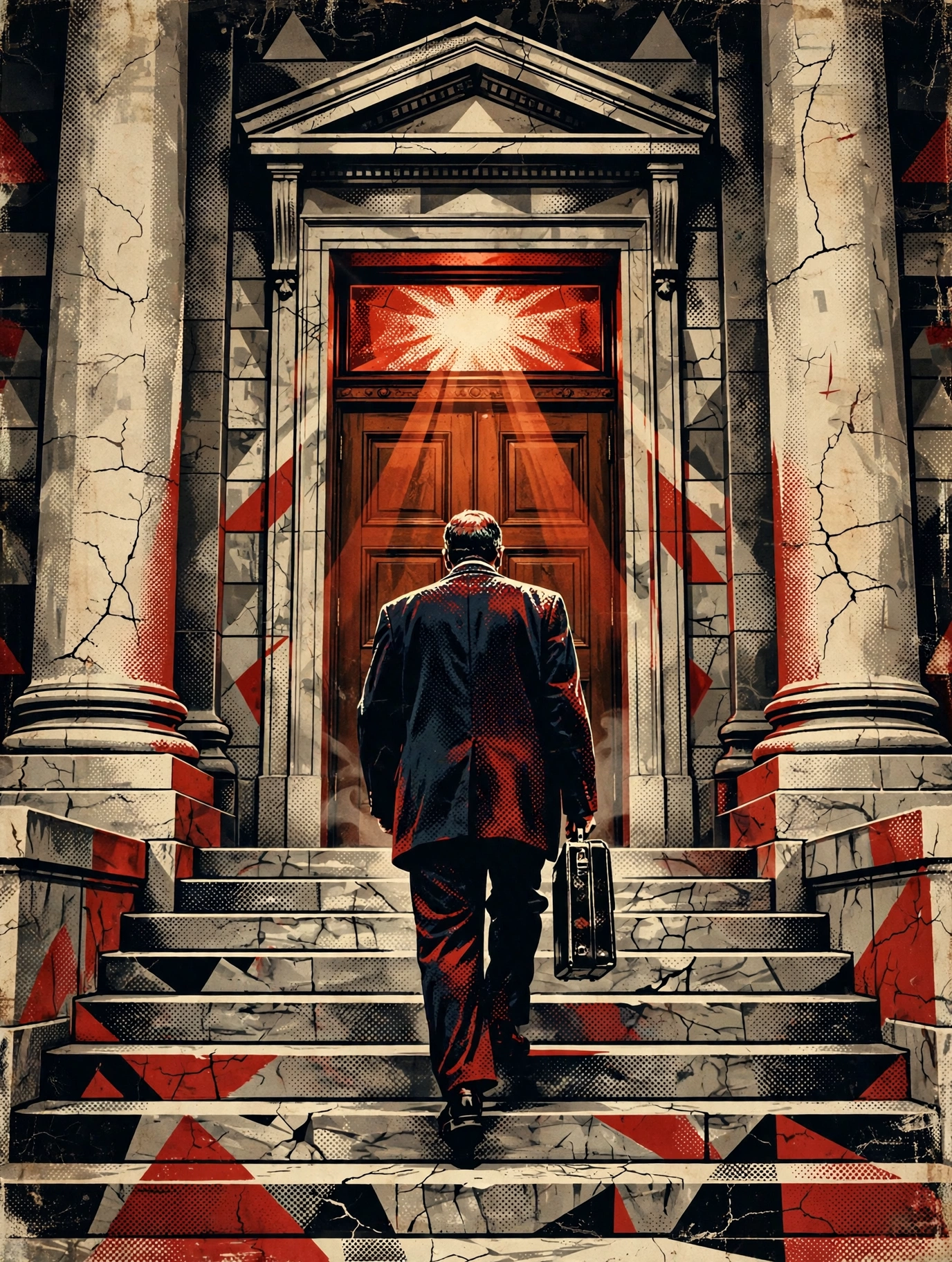 A lone figure approaching a monumental courthouse in red, black, and cream