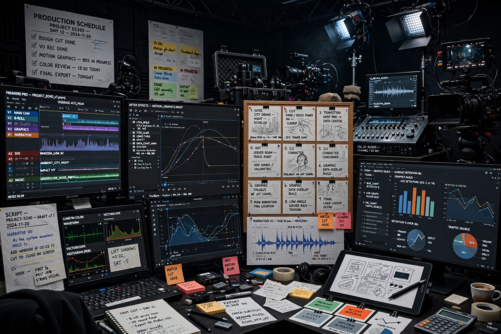 A media production studio with monitors, microphones, editing controls, and warm practical lighting