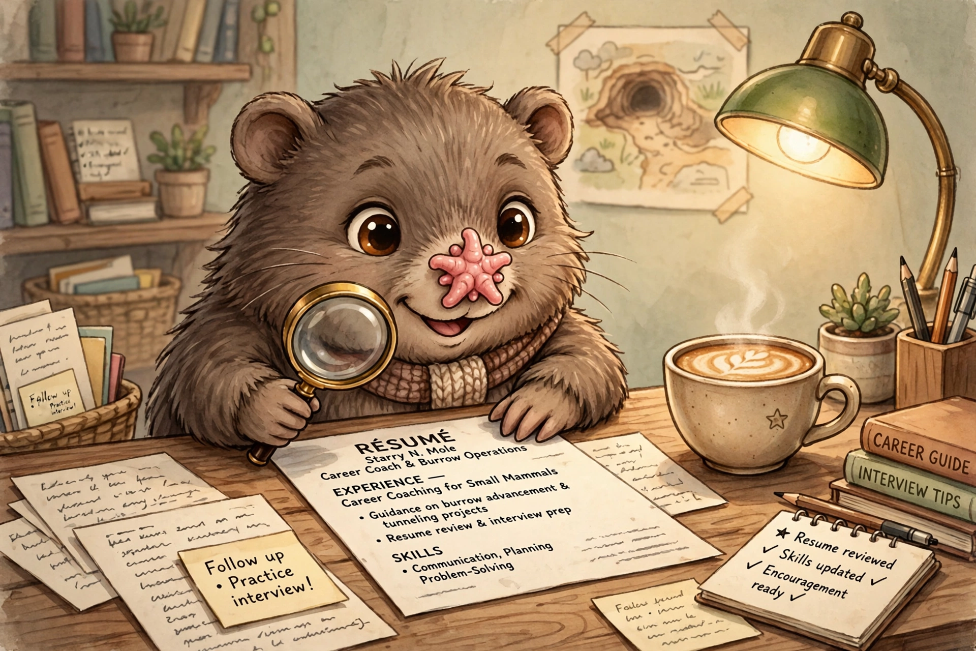 StarNose the mole carefully reviewing a résumé with a magnifying glass